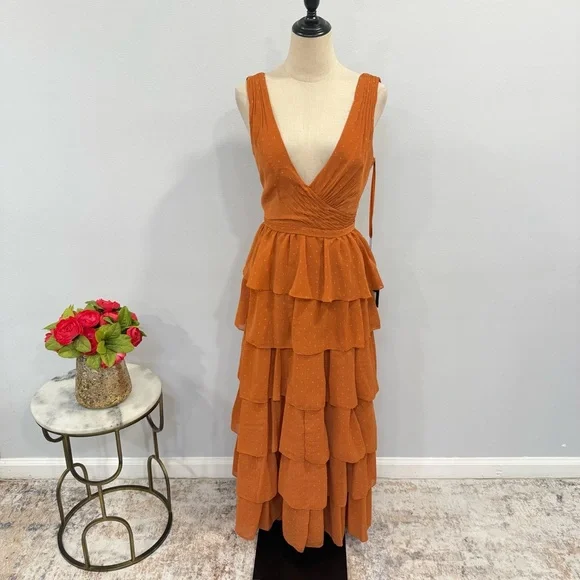 leena For Mac Duggal Burnt Orange Polka Dot Ruffle Tiered Maxi Gown - Reemoly